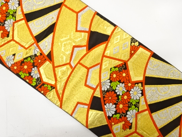JAPANESE KIMONO / ANTIQUE FUKURO OBI / SILK / WOVEN WHEEL & KIKU